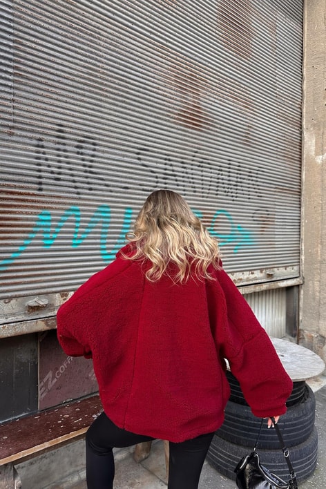 Oversize Düğmeli Peluş Mont Bordo