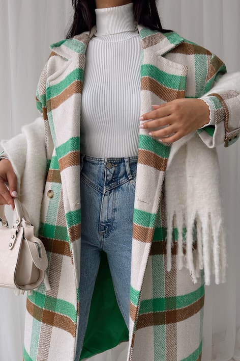 Oversize Ekose Kaşe Kaban Yeşil