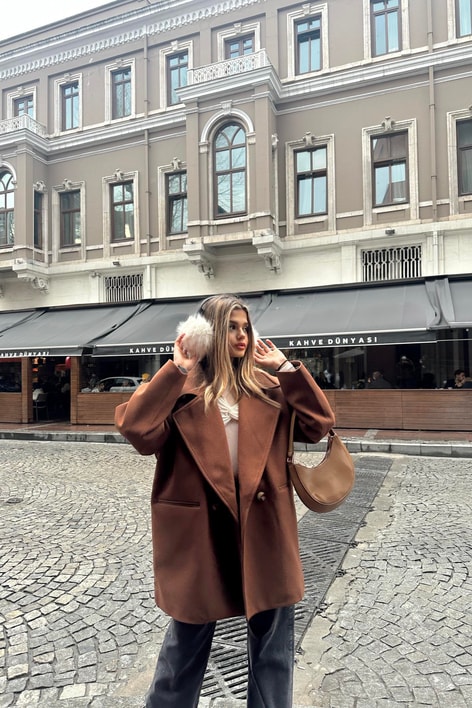 Oversıze Kaşe Kaban Kahve