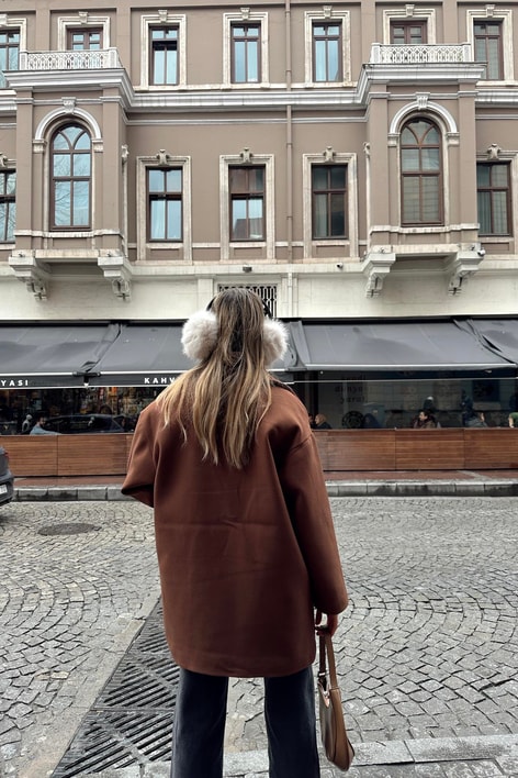 Oversıze Kaşe Kaban Kahve