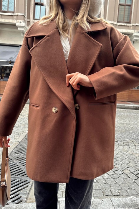 Oversıze Kaşe Kaban Kahve