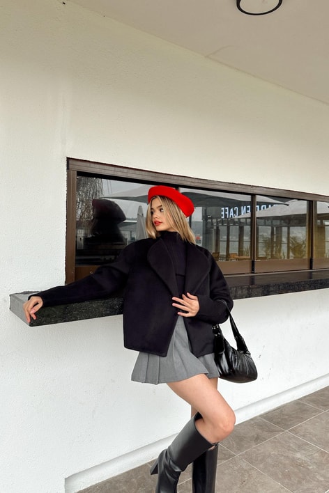 Premium Tüylü Kısa Kaban Siyah