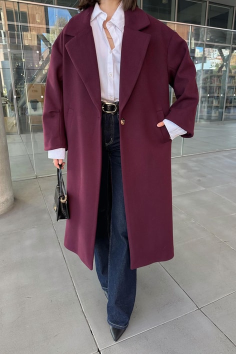 Tek Düğme Kaşe Kaban Bordo