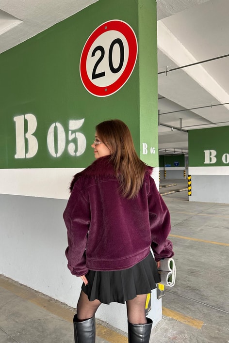 Yakası Kürklü Premıum Kısa Kaban Mürdüm