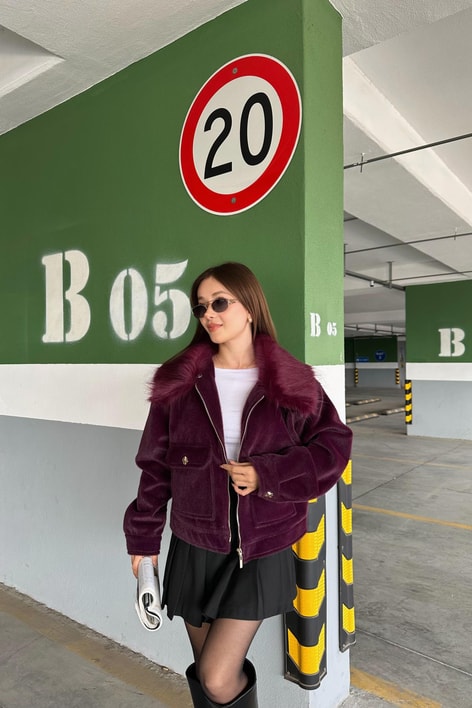 Yakası Kürklü Premıum Kısa Kaban Mürdüm