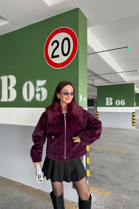 Yakası Kürklü Premıum Kısa Kaban Mürdüm