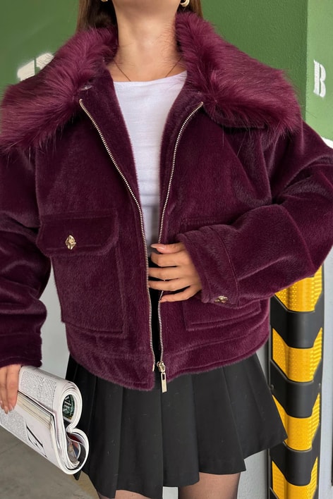 Yakası Kürklü Premıum Kısa Kaban Mürdüm