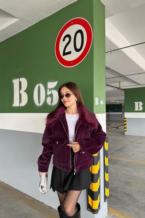 Yakası Kürklü Premıum Kısa Kaban Mürdüm