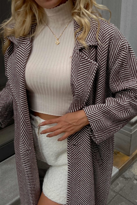 Zikzak Desenli Oversize Kaban Kahve