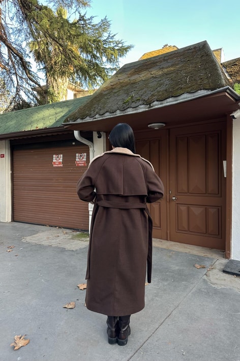 Zikzak Detaylı Kaşe Uzun Kaban Kahve