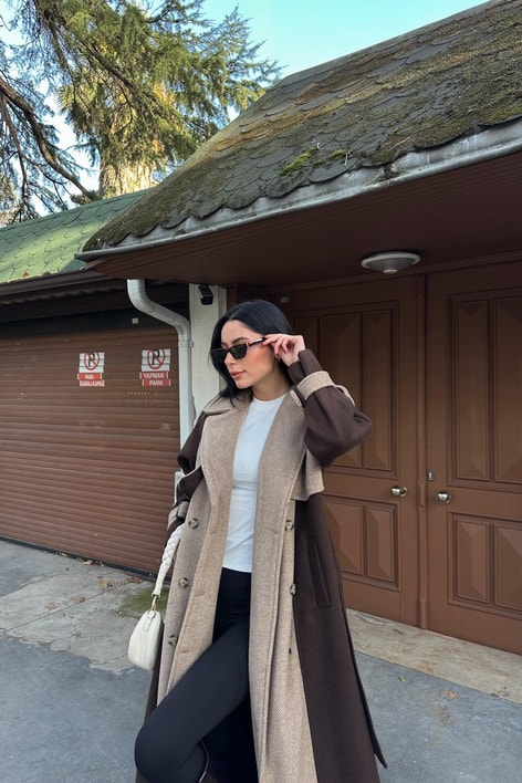 Zikzak Detaylı Kaşe Uzun Kaban Kahve