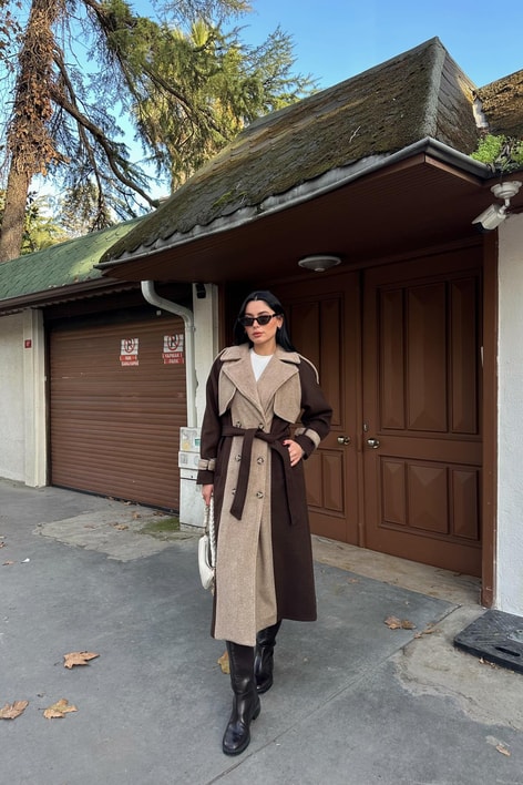 Zikzak Detaylı Kaşe Uzun Kaban Kahve