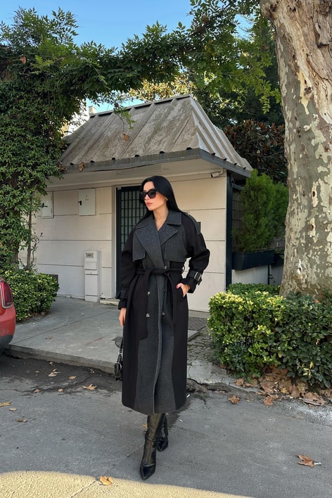 Zikzak Detaylı Kaşe Uzun Kaban Siyah