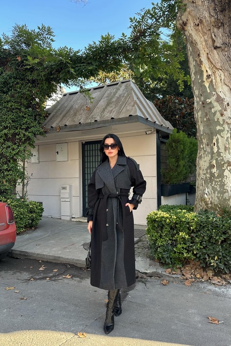 Zikzak Detaylı Kaşe Uzun Kaban Siyah