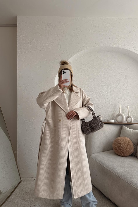 Zikzak Oversize Maxi Kaban Krem