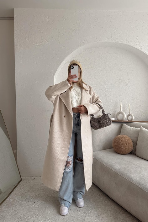 Zikzak Oversize Maxi Kaban Krem