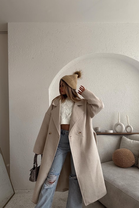 Zikzak Oversize Maxi Kaban Krem