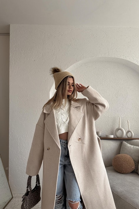 Zikzak Oversize Maxi Kaban Krem