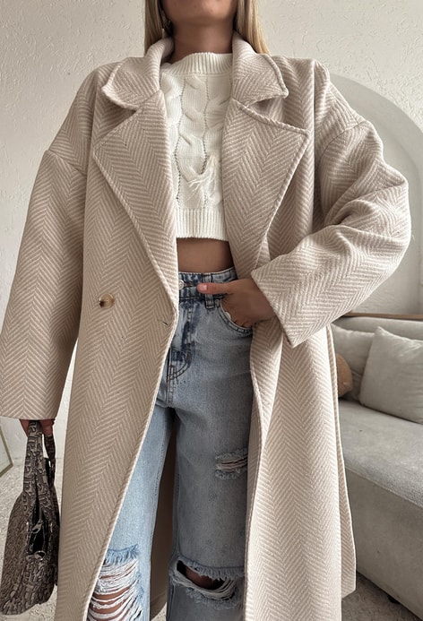 Zikzak Oversize Maxi Kaban Krem