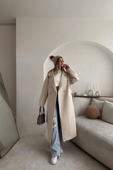 Zikzak Oversize Maxi Kaban Krem