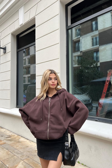 Kanguru Cep Kapüşonlu Hırka Kahve