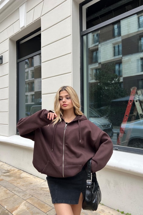 Kanguru Cep Kapüşonlu Hırka Kahve