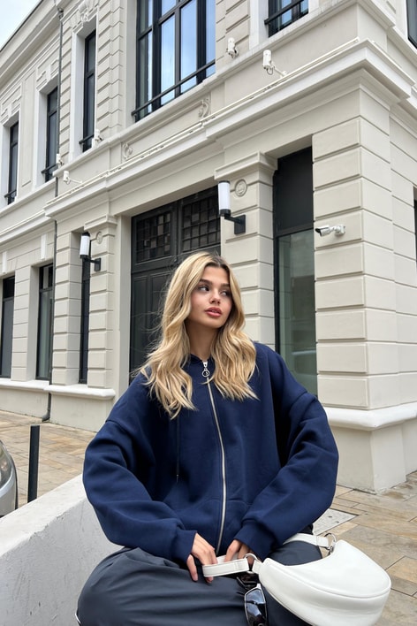 Kanguru Cep Kapüşonlu Hırka Lacivert