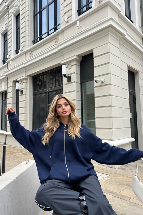 Kanguru Cep Kapüşonlu Hırka Lacivert