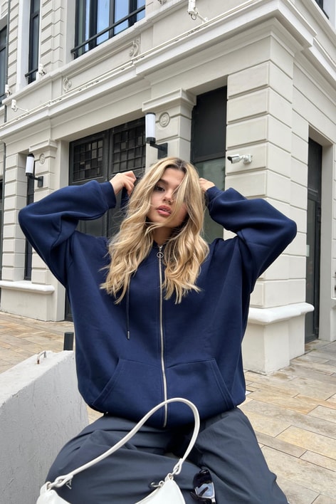 Kanguru Cep Kapüşonlu Hırka Lacivert