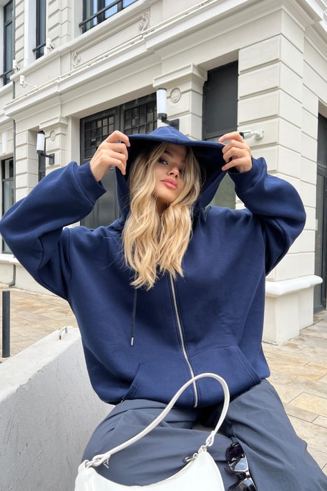 Kanguru Cep Kapüşonlu Hırka Lacivert