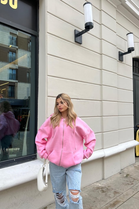 Kanguru Cep Kapüşonlu Hırka Pembe