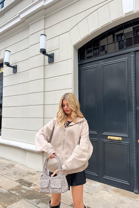 Kanguru Cep Kapüşonlu Hırka Vizon