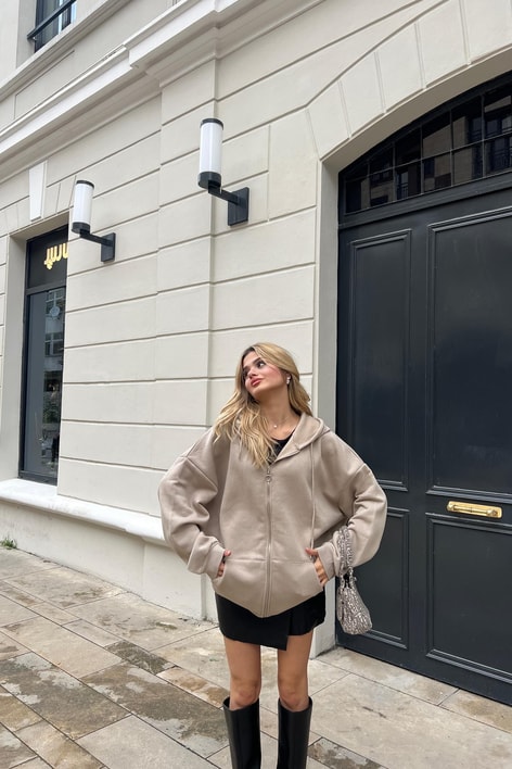 Kanguru Cep Kapüşonlu Hırka Vizon