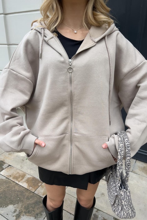 Kanguru Cep Kapüşonlu Hırka Vizon