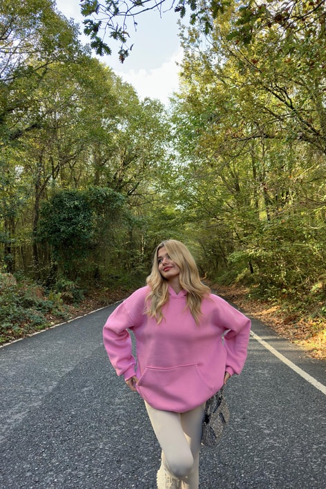 Kanguru Cepli Kapüşonlu Sweatshirt Pembe