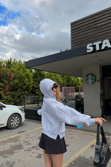 Kapüşonlu Crop Sweatshirt Gri Melanj