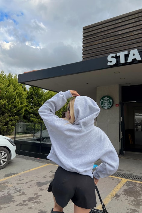 Kapüşonlu Crop Sweatshirt Gri Melanj
