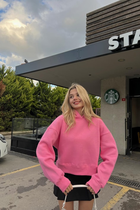 Kapüşonlu Crop Sweatshirt Şeker Pembe
