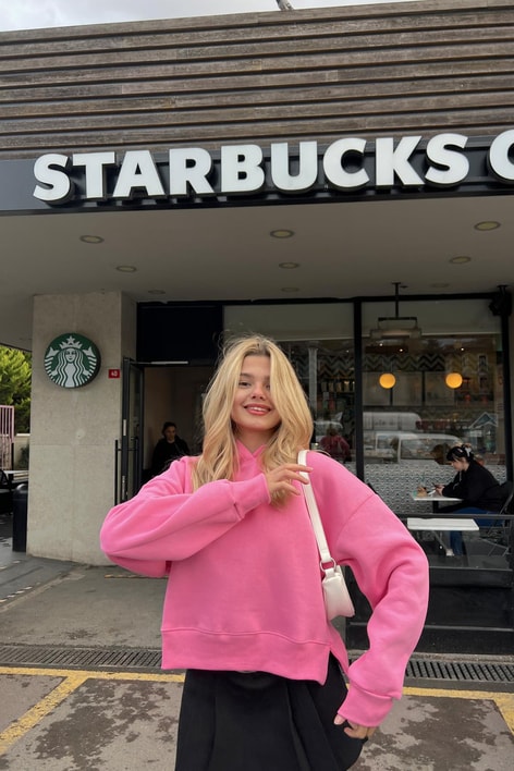 Kapüşonlu Crop Sweatshirt Şeker Pembe