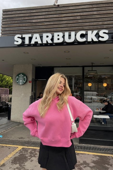 Kapüşonlu Crop Sweatshirt Şeker Pembe