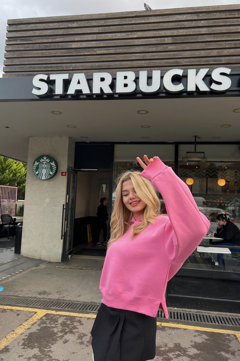 Kapüşonlu Crop Sweatshirt Şeker Pembe