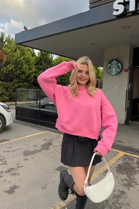 Kapüşonlu Crop Sweatshirt Şeker Pembe