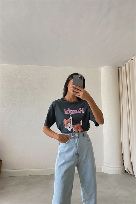 Bambi Yıkamalı T-Shirt Füme
