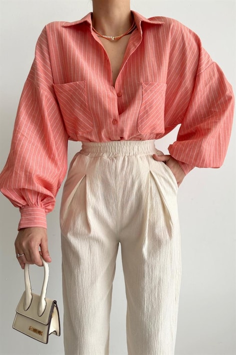 Çizgili Balon Kol Gömlek yavruağzı