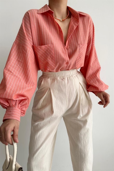 Çizgili Balon Kol Gömlek yavruağzı