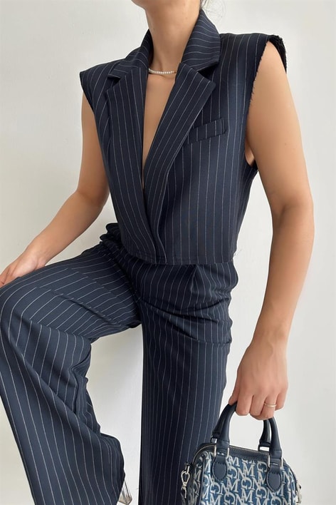 Çizgili Yelek Pantolon Takım Lacivert