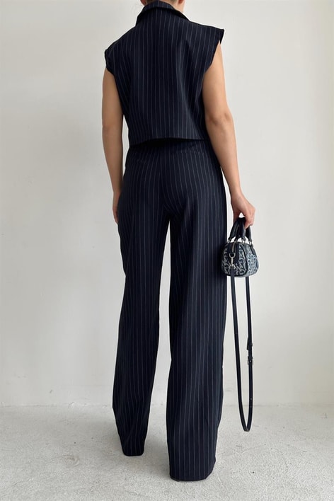Çizgili Yelek Pantolon Takım Lacivert