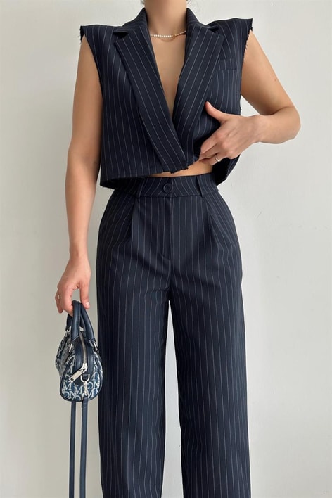 Çizgili Yelek Pantolon Takım Lacivert