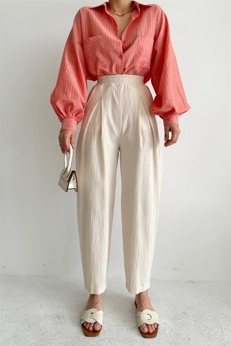 Elastik Belli Havuç Pantolon Ekru