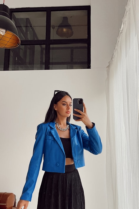 Kruvaze Crop Deri Ceket Mavi